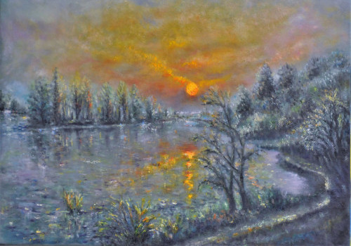 Peinture d'un lac avec un coucher de soleil
